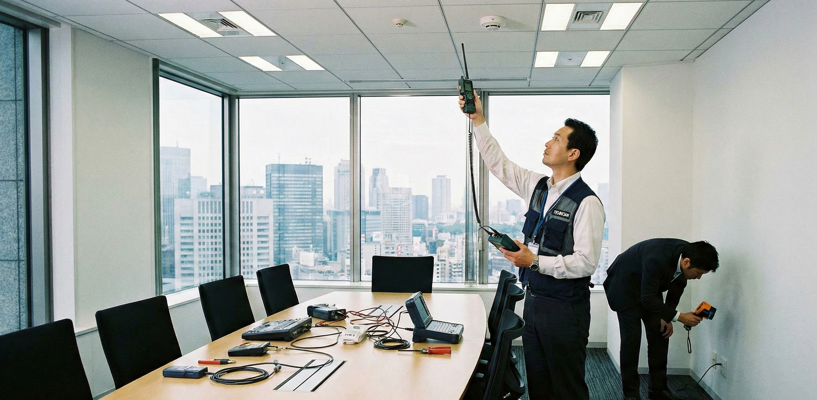 会社の会議室で盗聴器調査を行う様子